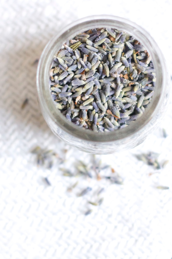 bird's eye view of lavender buds in jar