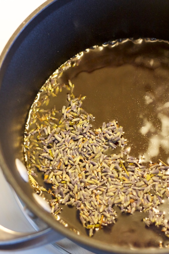 lavender buds floating in sauce pan